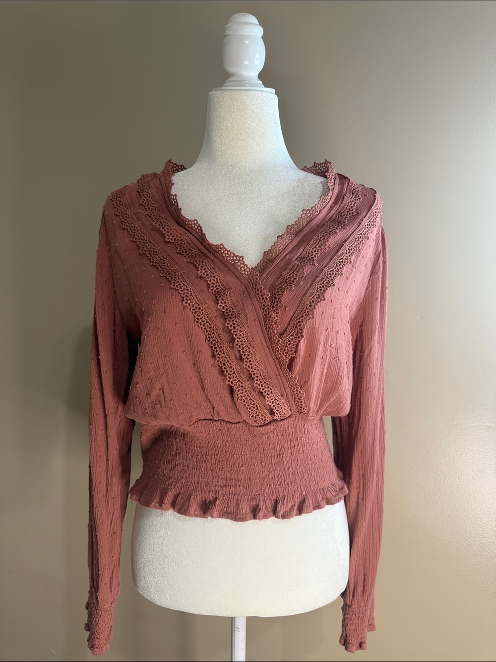 Smocked Waist Lace-Trim V-Neck Blouse in Dusty Rose